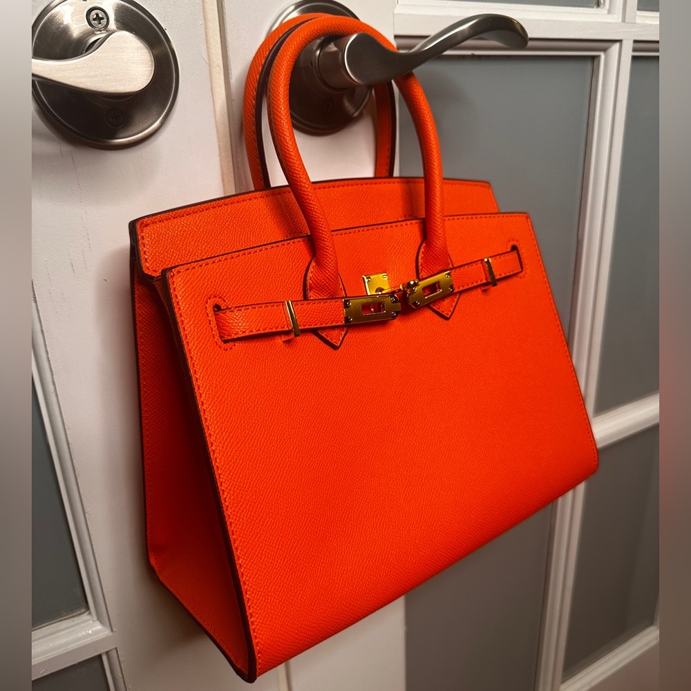 Orange Top Handle Leather Handbag with Gold Hardware - Picture 4 of 9